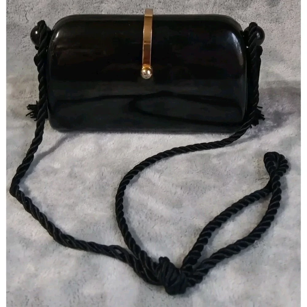 Vintage Hong Kong Made Plastic‎ Purse Black Tasseled Strap Gold Tone Latch READ
